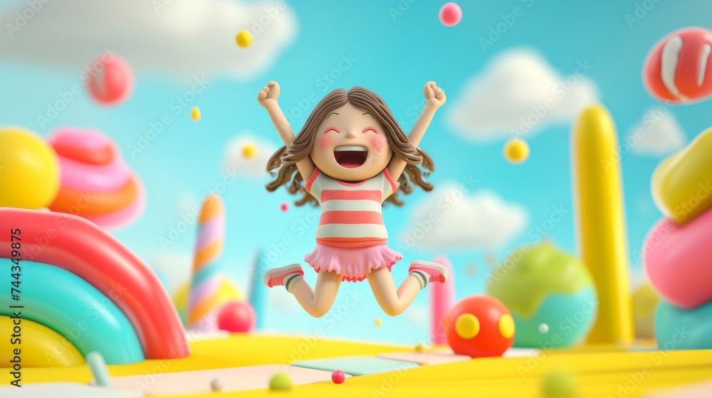 Naklejka premium A 3D rendered image of a girl cartoon character jumping for joy, with a big smile on her face and arms raised in excitement, set against a vibrant and playful background, capturing the essence