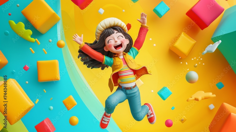 Fototapeta premium A 3D rendered image of a girl cartoon character jumping for joy, with a big smile on her face and arms raised in excitement, set against a vibrant and playful background, capturing the essence