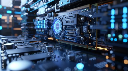A 3D rendered image of a futuristic GPU integrated into an advanced computer system, with holographic displays showing real-time graphics processing and software algorithms, highlighting the cu
