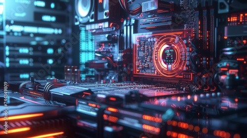 A 3D rendered image of a futuristic GPU integrated into an advanced computer system, with holographic displays showing real-time graphics processing and software algorithms, highlighting the cu