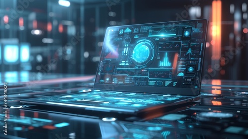 A 3D rendered image of a futuristic laptop with integrated AI technology, featuring a holographic display extending from the screen, showcasing AI-driven tools and applications in a sophisticat © kwanchanok