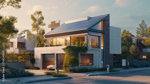 A 3D rendered image of a futuristic smart home with an elegant rooftop solar panel setup, featuring smart windows, automated doors, and energy-efficient systems, set in an advanced urban neighb © kwanchanok