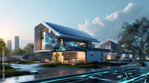 A 3D rendered image of a futuristic smart home with an elegant rooftop solar panel setup, featuring smart windows, automated doors, and energy-efficient systems, set in an advanced urban neighb photo