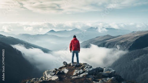 Man in red jacket standing on mountain top with fog
