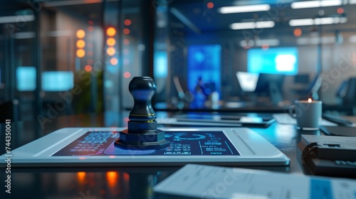 A 3D rendered image of a modern, digital approval stamp being used on an electronic document on a tablet, showcasing the evolution of approval methods in the digital age, set in a high-tech off