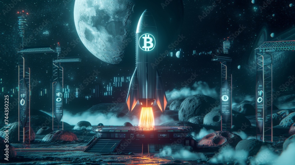 A 3D rendered image of a sleek, futuristic rocket with Bitcoin symbols, launching from a high-tech platform with digital screens showing Bitcoin value skyrocketing, set against a backdrop of a