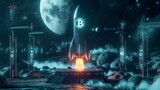 A 3D rendered image of a sleek, futuristic rocket with Bitcoin symbols, launching from a high-tech platform with digital screens showing Bitcoin value skyrocketing, set against a backdrop of a