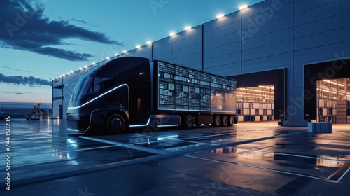 A 3D rendered image of a sleek, futuristic truck parked in front of a high-tech logistics warehouse, showcasing advanced technology in transportation and logistics, with digital displays and au photo