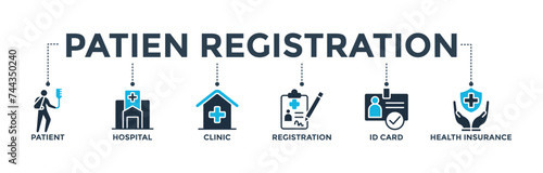 Patient registration banner concept with icon of patient, hospital, clinic, registration, id card and health insurance. Web icon vector illustration
