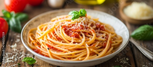 Delicious bowl of spaghetti with rich tomato sauce and fresh parmesan cheese for a satisfying meal