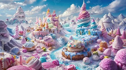 A whimsical landscape of Ice Cream Land, where the mountains are peaks of frozen treats and the valleys are filled with layers of soft serve Candy decorations adorn the scenery, creating a play photo