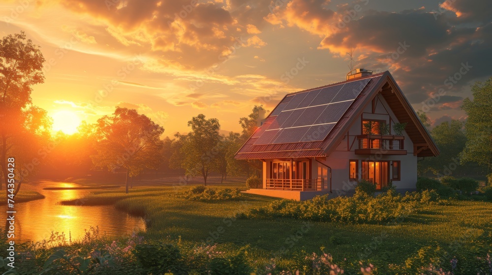A 3D rendered image of an eco-friendly house during sunset, with the solar panels on the roof absorbing the last rays of the sun, emphasizing the efficiency of solar energy in a picturesque and