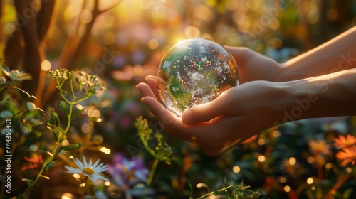 A 3D rendered image of a woman's hands emerging from a backdrop of a diverse ecosystem, holding a transparent Earth, with the imagery showcasing the interconnectivity of different environmental photo