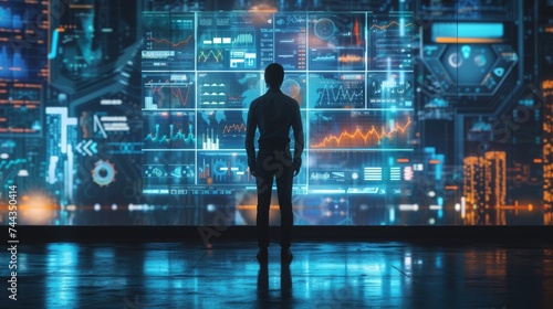 A 3D rendered image of a young entrepreneur standing in front of a virtual board displaying a business plan, market analysis, and futuristic projections, in a high-tech and innovative environme