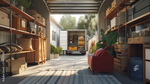 A 3D rendered image of a worker efficiently organizing household items in a moving truck, showcasing the interior of the truck filled with neatly arranged belongings, set in a suburban setting, photo