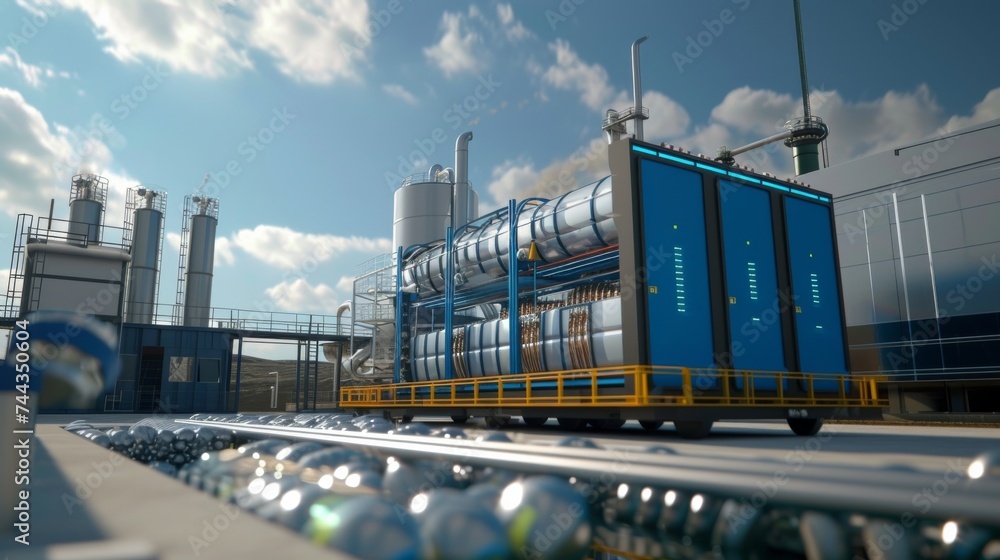 Obraz premium A 3D rendered image of illustrating the journey of hydrogen from being produced via electrolysis to powering various applications like vehicles and power plants, in a narrative format that educ