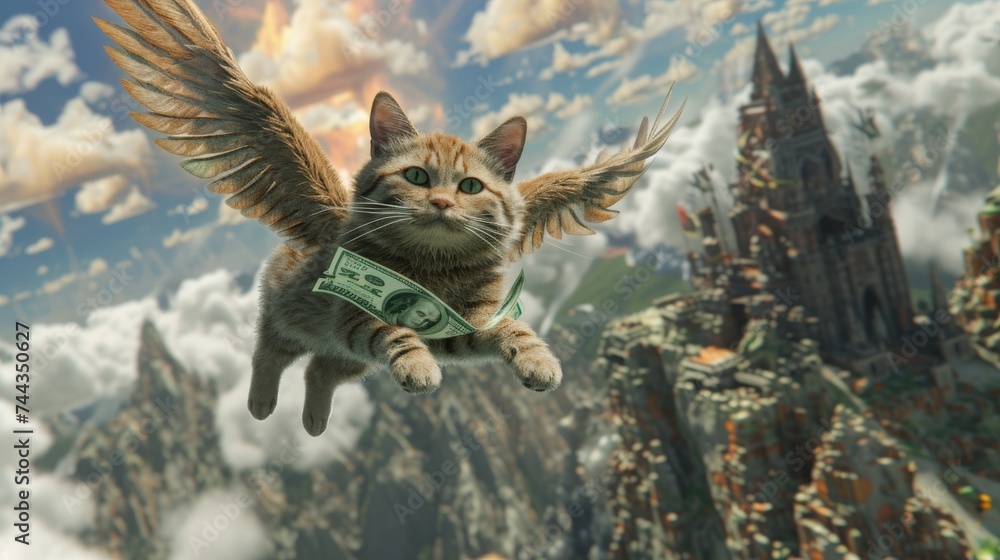 A 3D rendered image of the adventurous journey of a winged cat flying through various fantastical landscapes with a dollar bill, with panels depicting the playful interactions and whimsical dis