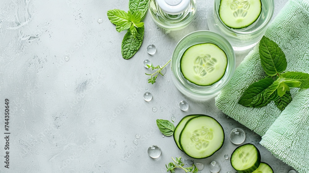 Refreshing cucumber water and towels, detox and hydration theme - obrazy, fototapety, plakaty 