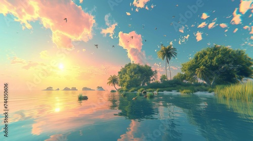 A 3D rendered image of sequence depicting a day on a beautiful island, from sunrise to sunset, with scenes of clear skies, lush landscapes, and happy wildlife, narrating the story of the island