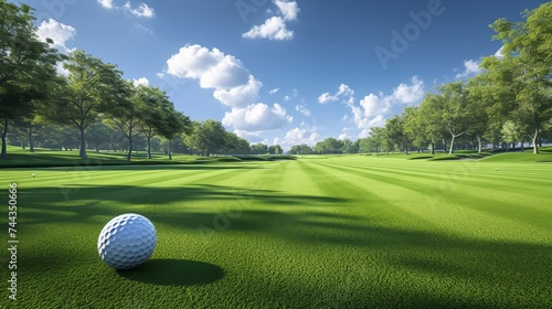 A 3D rendered image showcasing a wide-angle view of a golf course with a golf ball prominently positioned on the fairway, highlighting the expansive, well-groomed landscape and the idyllic golf