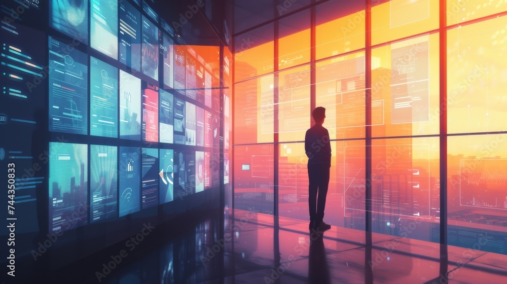 A digital illustration of an HR professional in a modern office, carefully examining resumes and profiles on a large digital screen, symbolizing the selective process for a new career opportuni A digital illustration of an HR professional in a modern office, carefully examining resumes and profiles on a large digital screen, symbolizing the selective process for a new career opportuni