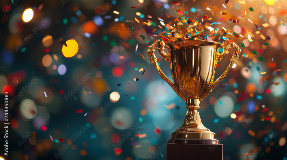 A cinematic photo capturing a shiny golden trophy hanging in the foreground with a burst of confetti in the background, symbolizing celebration and victory Created Using cinematic , AI Generative A cinematic photo capturing a shiny golden trophy hanging in the foreground with a burst of confetti in the background, symbolizing celebration and victory Created Using cinematic , AI Generative