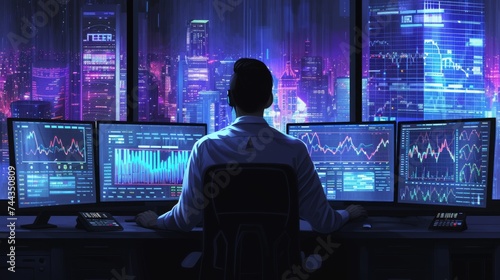 A digital illustration of a focused businessman analyzing multiple computer screens with margin future charts in a high-tech trading office The office is modern, with a city skyline in the back