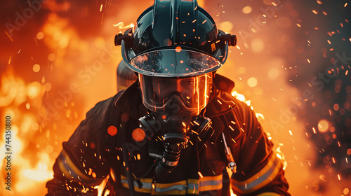 A cinematic portrayal of a firefighter training drill, capturing a firefighter in full gear advancing heroically towards the viewer Created Using cinematic style, firefighter train, AI Generative