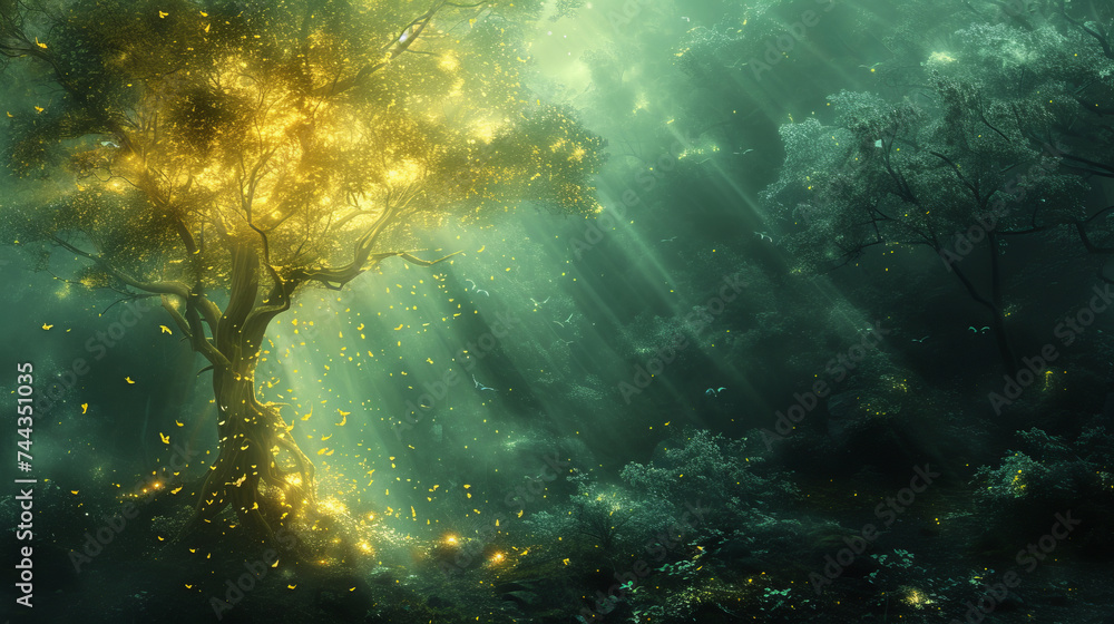 A digital art piece featuring a slender, luminous tree reminiscent of Elden Ring's magical forests, radiating light in a mystical environment Created Using digital art, slender lum, AI Generative A digital art piece featuring a slender, luminous tree reminiscent of Elden Ring's magical forests, radiating light in a mystical environment Created Using digital art, slender lum, AI Generative