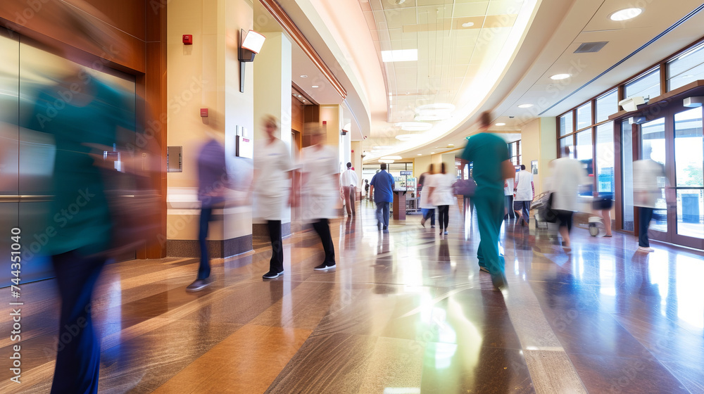 A dynamic view of a busy hospital lobby, with motion blur capturing the hustle of medical staff and patients, vibrant and lively Created Using dynamic view, motion blur, busy hospi, AI Generative