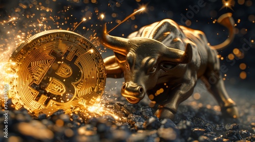 A photo-realistic image of a charging golden bull with a fierce and dynamic posture, colliding with a giant, shimmering Bitcoin symbol, set against the backdrop of a global financial market, sy photo