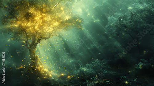A digital art piece featuring a slender  luminous tree reminiscent of Elden Ring s magical forests  radiating light in a mystical environment Created Using digital art  slender lum  AI Generative