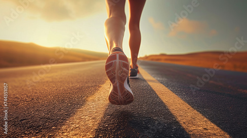 A focused view on the calves of a woman running  captured from behind  on an endless road leading to the horizon Emphasis on movement and the journey ahead Created Using Focused vi  AI Generative