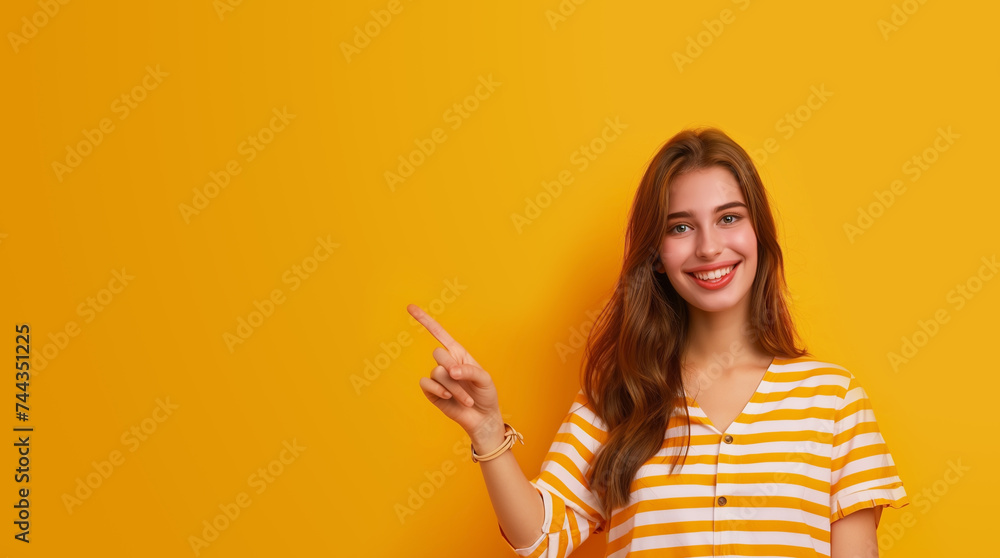 Cute young woman on yellow studio background pointing finger to the side. Lifestyle, beauty and fashion, people emotions concept. Cute young woman on yellow studio background pointing finger to the side. Lifestyle, beauty and fashion, people emotions concept.