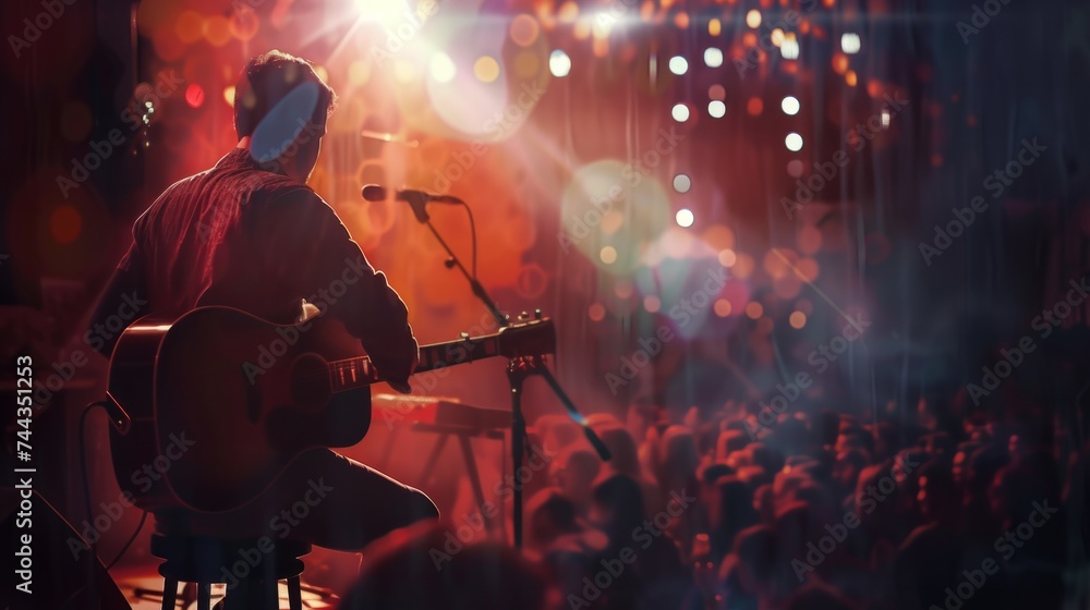 A musician is playing an acoustic guitar on a stage, the spotlight shines on him, and the audience is captivated by his melodious music, Ciematic lighting, double exposure photogra, AI Generative A musician is playing an acoustic guitar on a stage, the spotlight shines on him, and the audience is captivated by his melodious music, Ciematic lighting, double exposure photogra, AI Generative