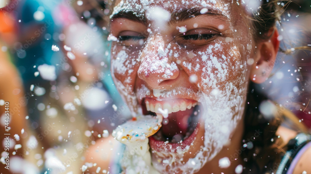 A person taking a bite of a delicious carnival treat their face covered in powdered sugar and a smile of pure enjoyment. A person taking a bite of a delicious carnival treat their face covered in powdered sugar and a smile of pure enjoyment.