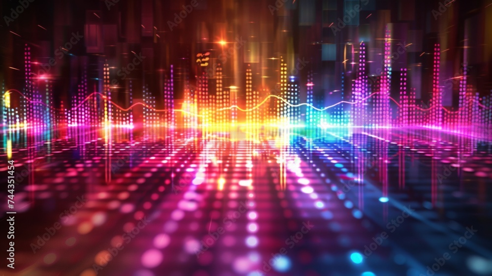 Abstract background capturing the essence of an equalizer effect, illuminated by vibrant neon lights. This design mimics a sound wave in motion, creating a visual representation of, AI Generative Abstract background capturing the essence of an equalizer effect, illuminated by vibrant neon lights. This design mimics a sound wave in motion, creating a visual representation of, AI Generative