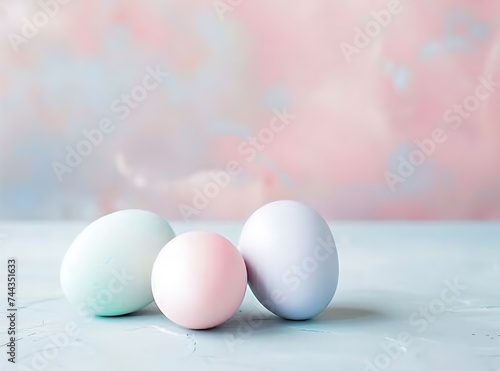 The pink and light blue eggs are arranged on a light blue wooden tabletop, against a background of abstract pink and blue oil painting texture.