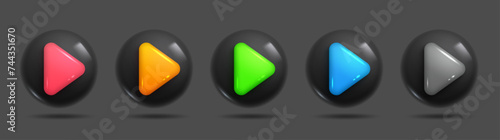 Sets of 3d realistic play buttons dark mode. Colourful play buttons for modern style and designs. 3d Sets of Vector Elements.