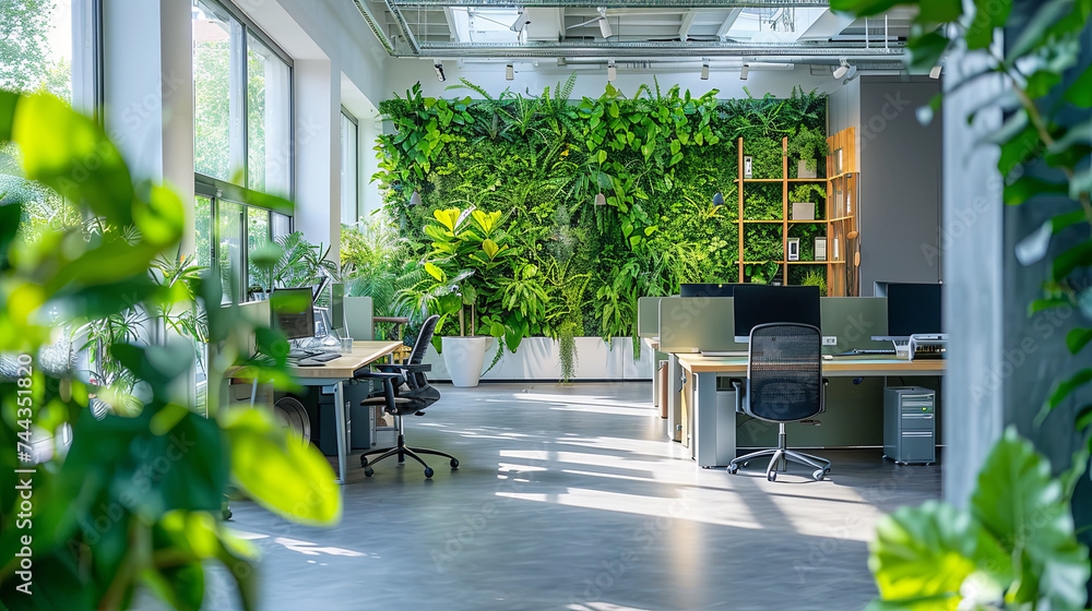 Green, sustainable and ecological office space with daily employee traffic A modern and eco-friendly startup with ESG standards and an office with care for employee well-being and a healthy environmet - obrazy, fototapety, plakaty 