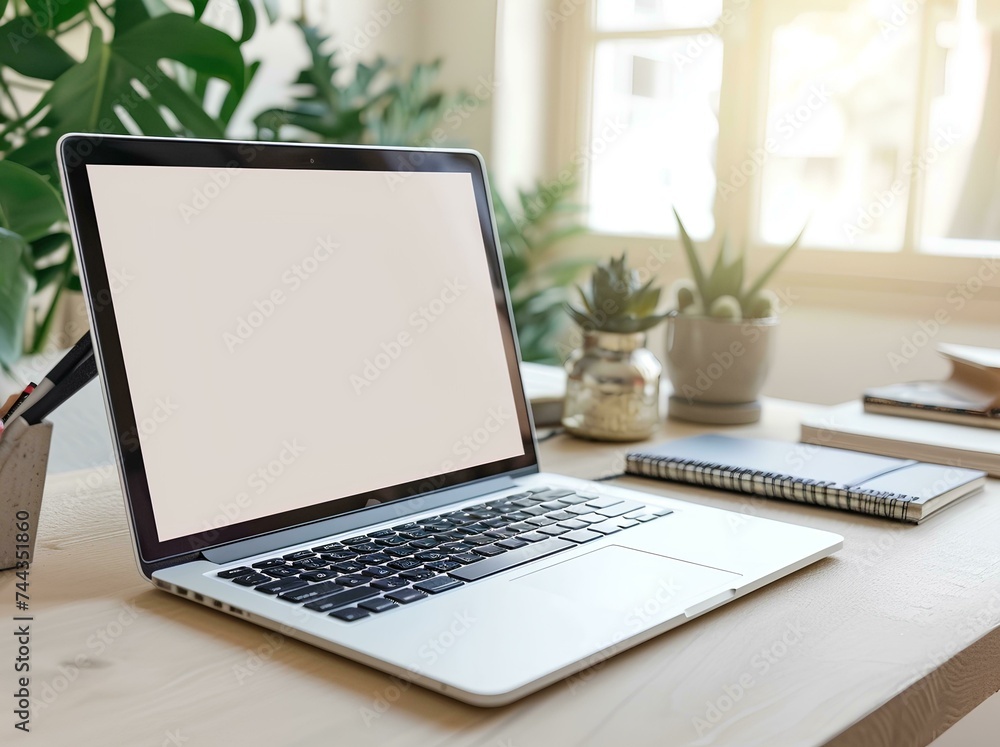 Fototapeta premium a blank screen laptop notebook desk top mockup, nerdcore, storybook-like, planar art