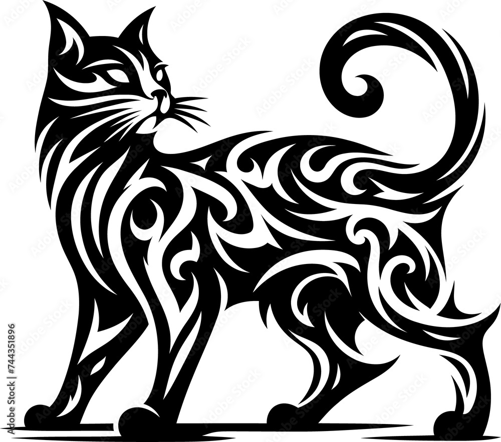 modern tribal tattoo cat, abstract line art of animals, minimalist contour. Vector
