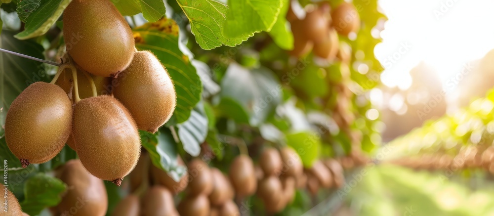 A beautiful bunch of ripe and colorful fruits hanging from a tree ready for harvest in a sunny orchard A beautiful bunch of ripe and colorful fruits hanging from a tree ready for harvest in a sunny orchard