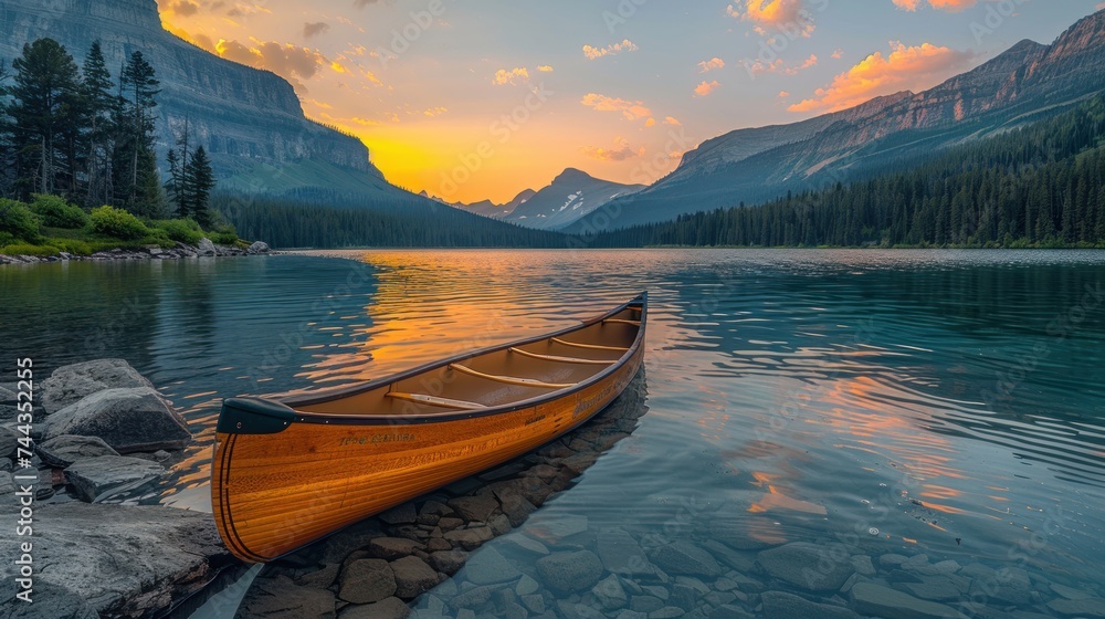 parked sailing boat Wood canoe on the edge of Bowman Lake at sunrise in Glacier National Park. - obrazy, fototapety, plakaty 