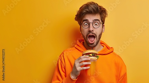 Young amazed man wear orange sweatshirt casual clothes eat fast food burger drink soda pop cola water isolated on plain yellow background.