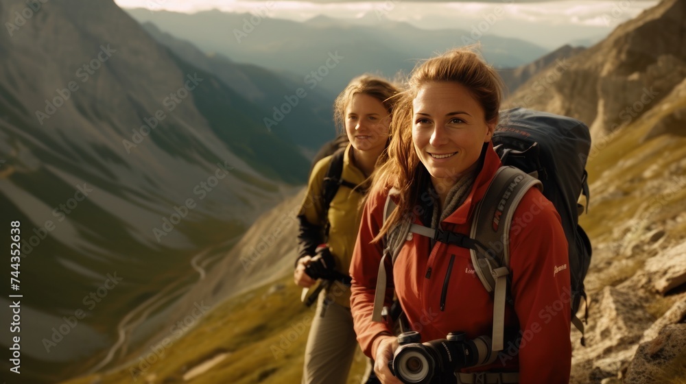 women hiking, Couple Backpackers hiking on the path in mountains during autumn.