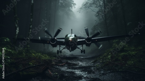 a plane crashes into a dark forest photo