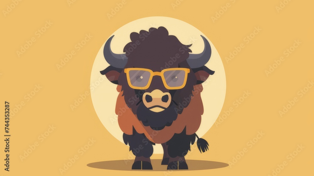 Illustration in flat style, A cute little bison wearing glasses posed against a studio background