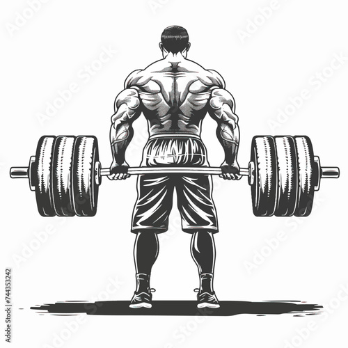 Muscle man bodybuilder holding a large barbell with big weights