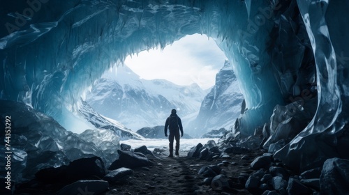 a traveler is in an ice cave